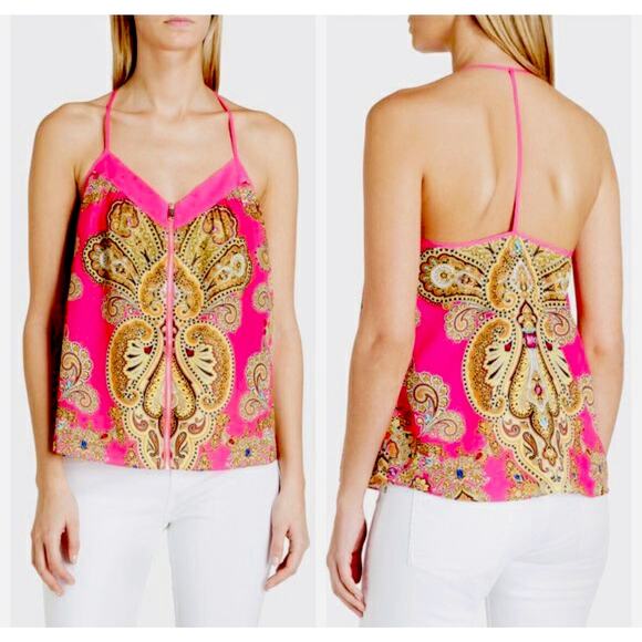 TED BAKER Women’s Size S Hevea Jewel Paisley Cami Tank Top Zip Front Hot Pink - Picture 1 of 7